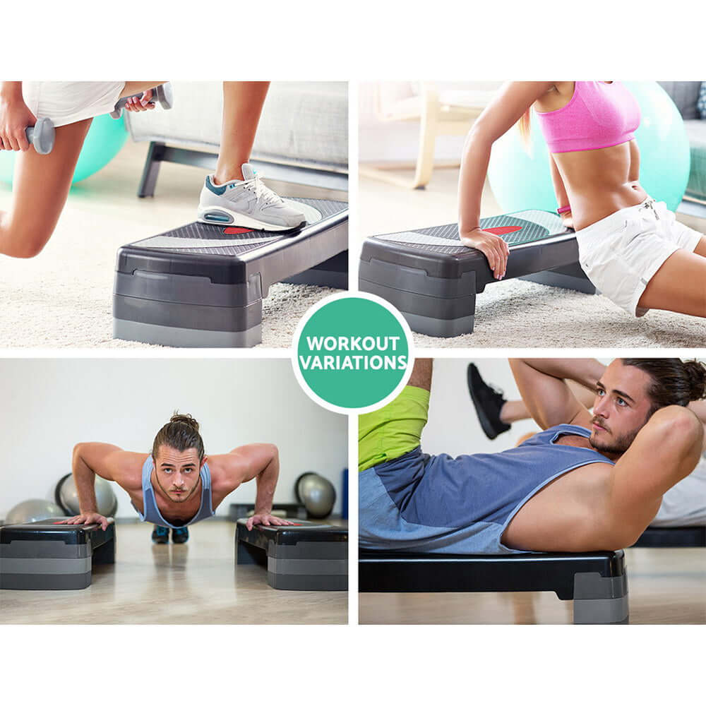 Affordable Everfit 3 Level Aerobic Step featuring workout variations for home fitness and quality exercise activities.