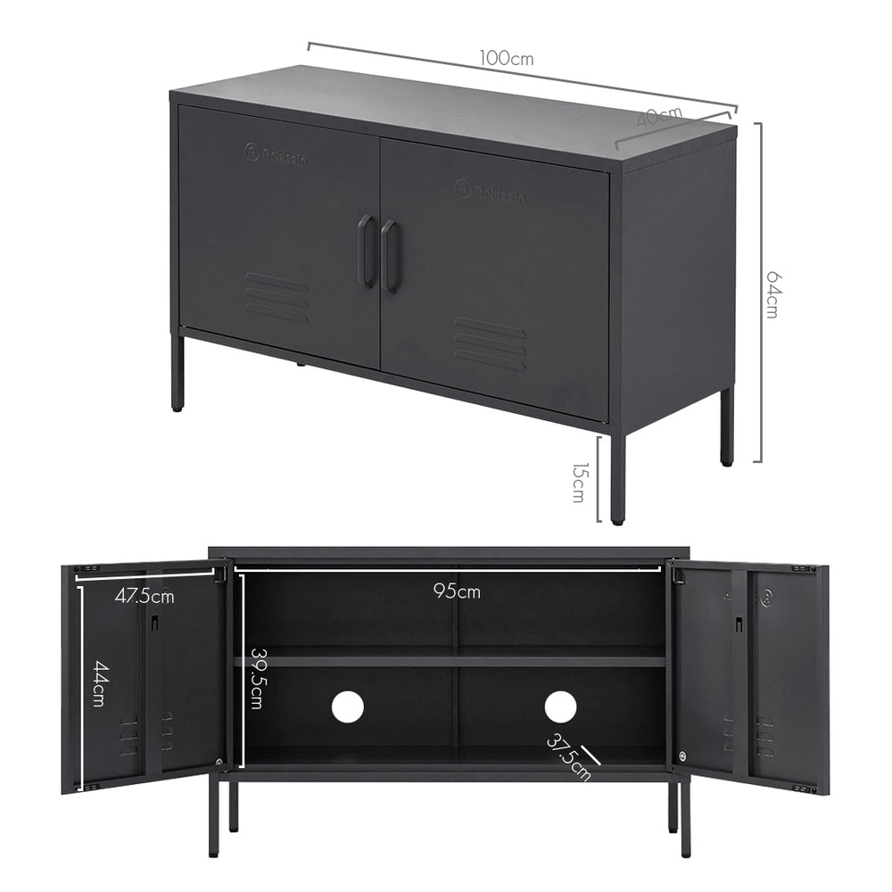 ArtissIn Buffet Sideboard Metal Cabinet BASE Charcoal with open and closed views and dimensions shown