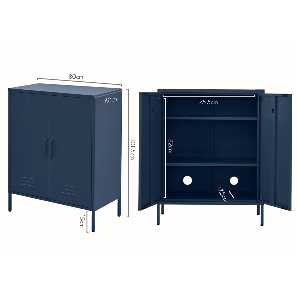 Blue ArtissIn Buffet Sideboard Metal Cabinet with dimensions, closed and open showing internal storage shelves and holes for cable management.