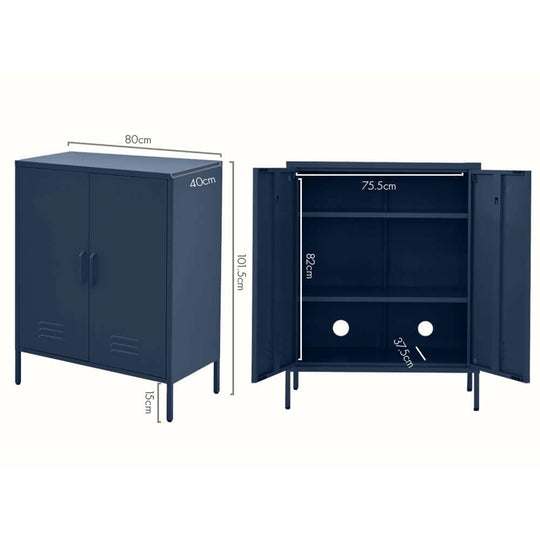 Blue ArtissIn Buffet Sideboard Metal Cabinet with dimensions, closed and open showing internal storage shelves and holes for cable management.