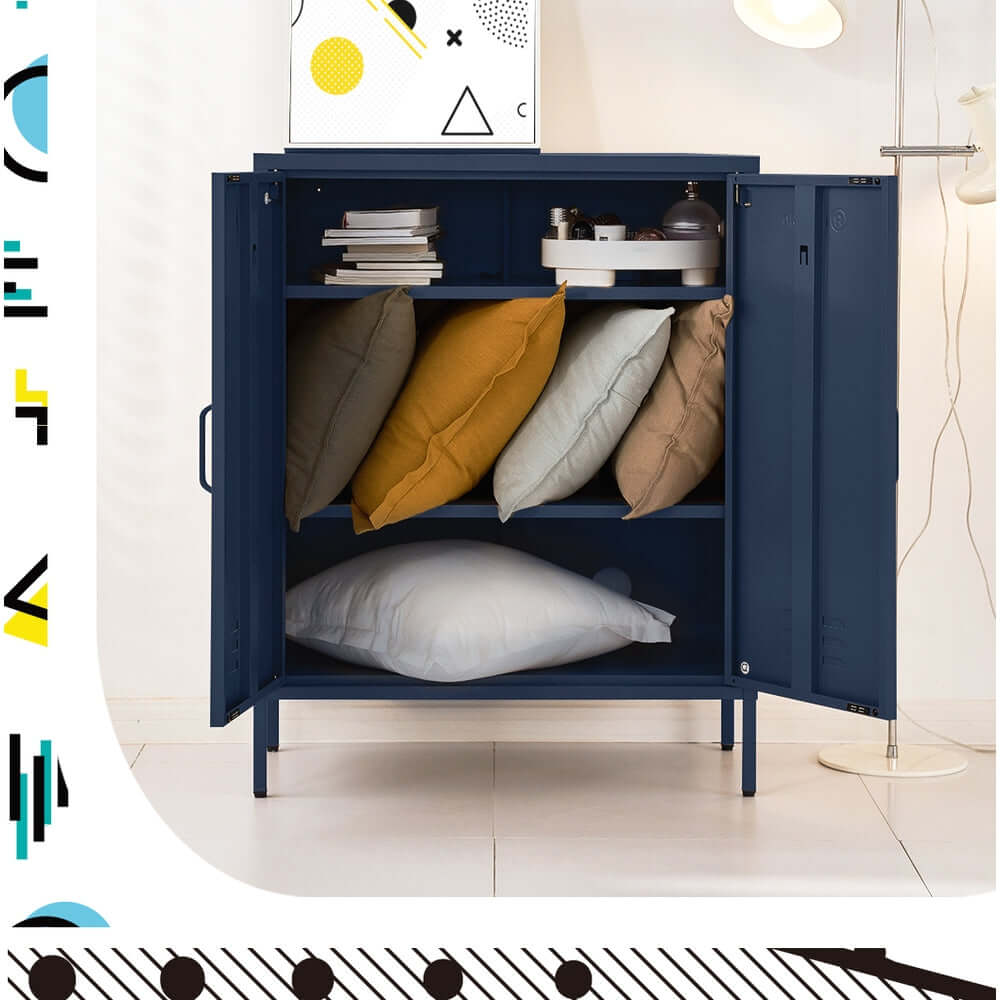 ArtissIn Buffet Sideboard Metal Cabinet in SWEETHEART Blue with colorful pillows inside, open doors.