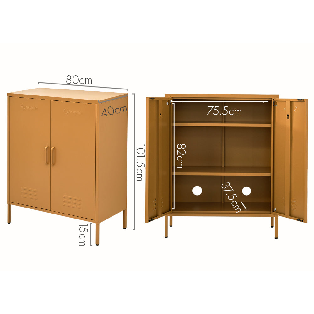 ArtissIn Buffet Sideboard Metal Cabinet SWEETHEART Yellow with dimensions and shelving details