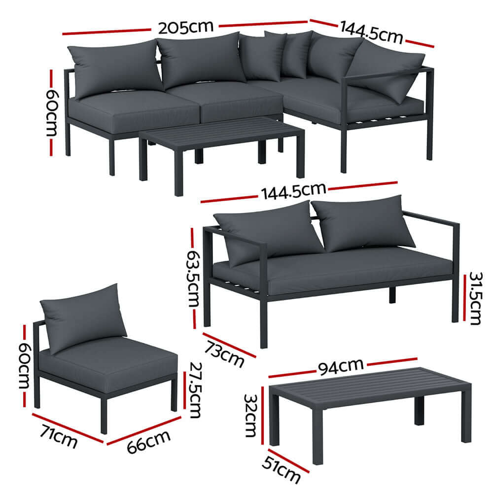 Dimensions of Gardeon 4-seater Outdoor Sofa Set with two sofas and coffee table in charcoal color.