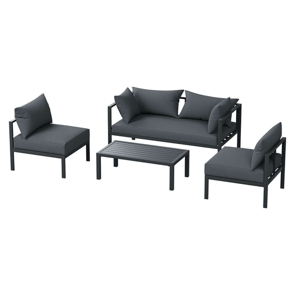 Gardeon 4-seater outdoor sofa set in charcoal, affordable aluminum patio furniture for summer relaxation.