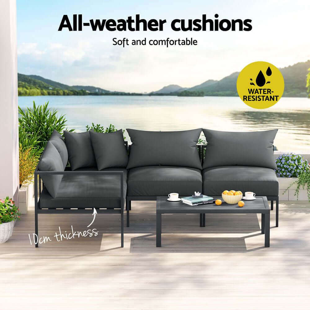 Gardeon 4-seater outdoor sofa with water-resistant cushions, perfect for relaxation and outdoor settings.