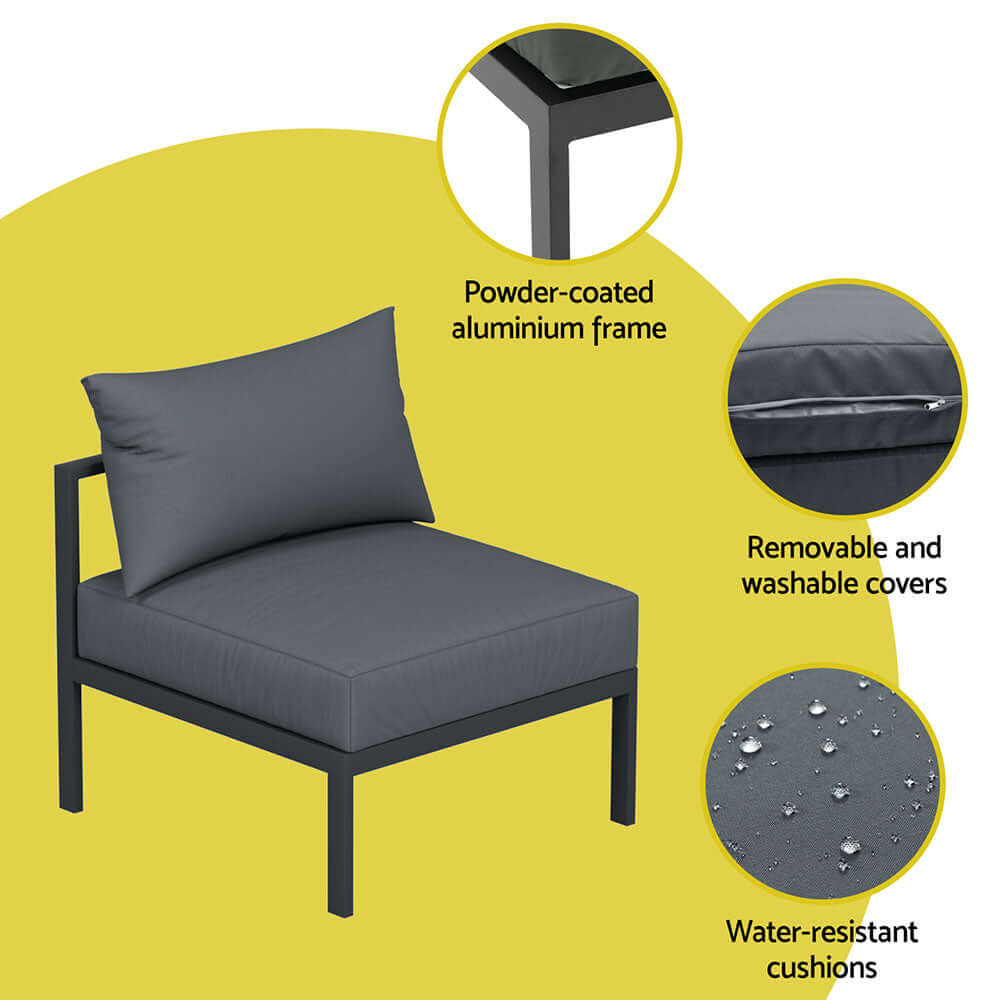 Gardeon outdoor chair with powder-coated aluminium frame, water-resistant cushions, and removable covers.