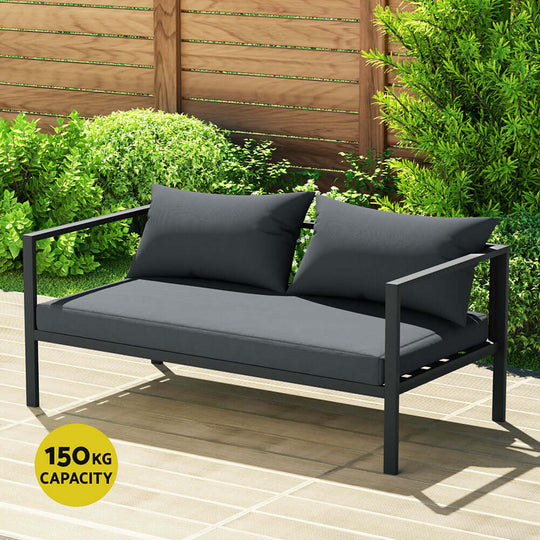 Gardeon 4-seater outdoor sofa set with charcoal cushions, 150kg capacity, perfect for affordable patio lounging.