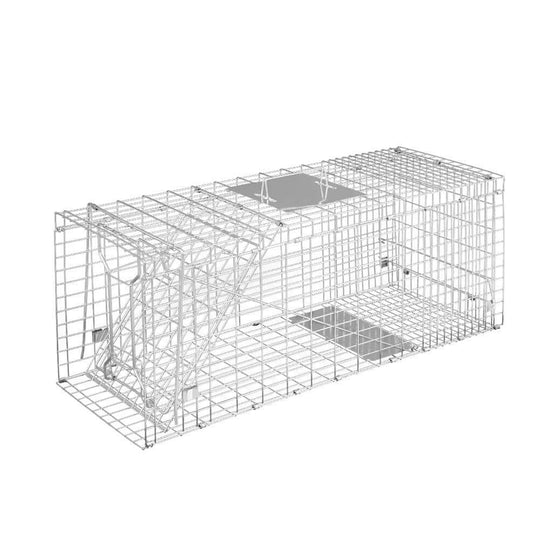 Humane animal trap cage for possums, made of rust-resistant galvanized iron, 79x28cm, affordable quality for DIY use.