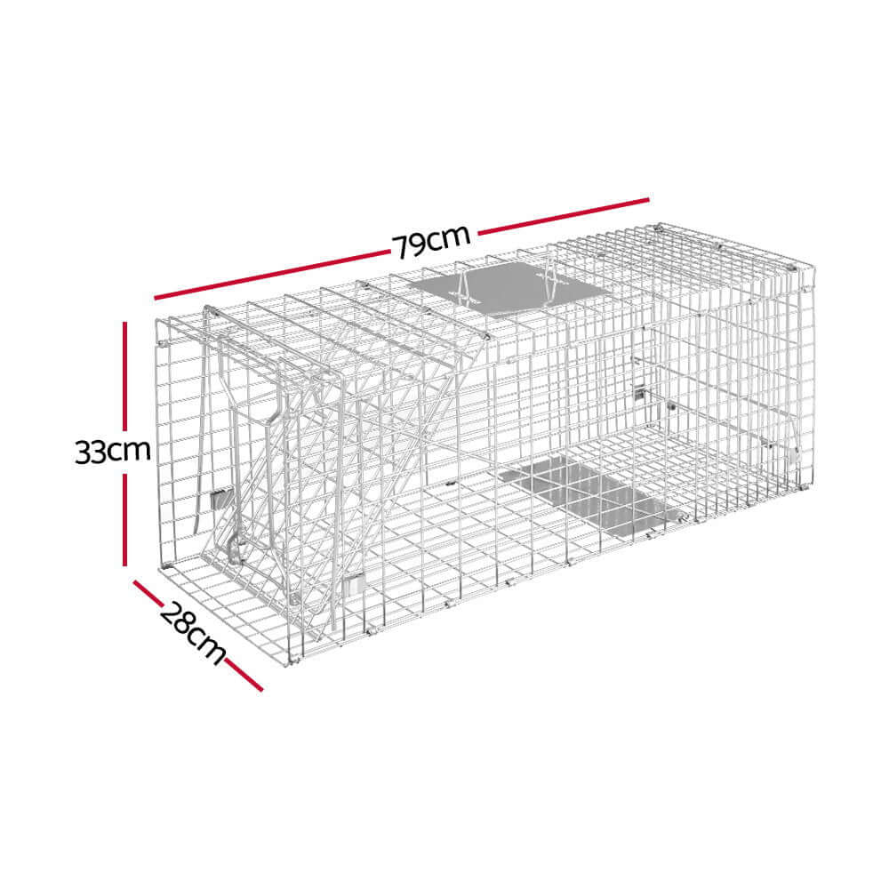 Gardeon humane animal trap cage dimensions 79x28cm for safe animal capture, rust-resistant with spring-loaded door.