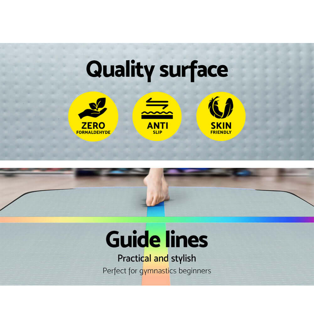 Quality surface features of Everfit Air Track Mat, showcasing anti-slip, skin-friendly, and zero formaldehyde benefits.