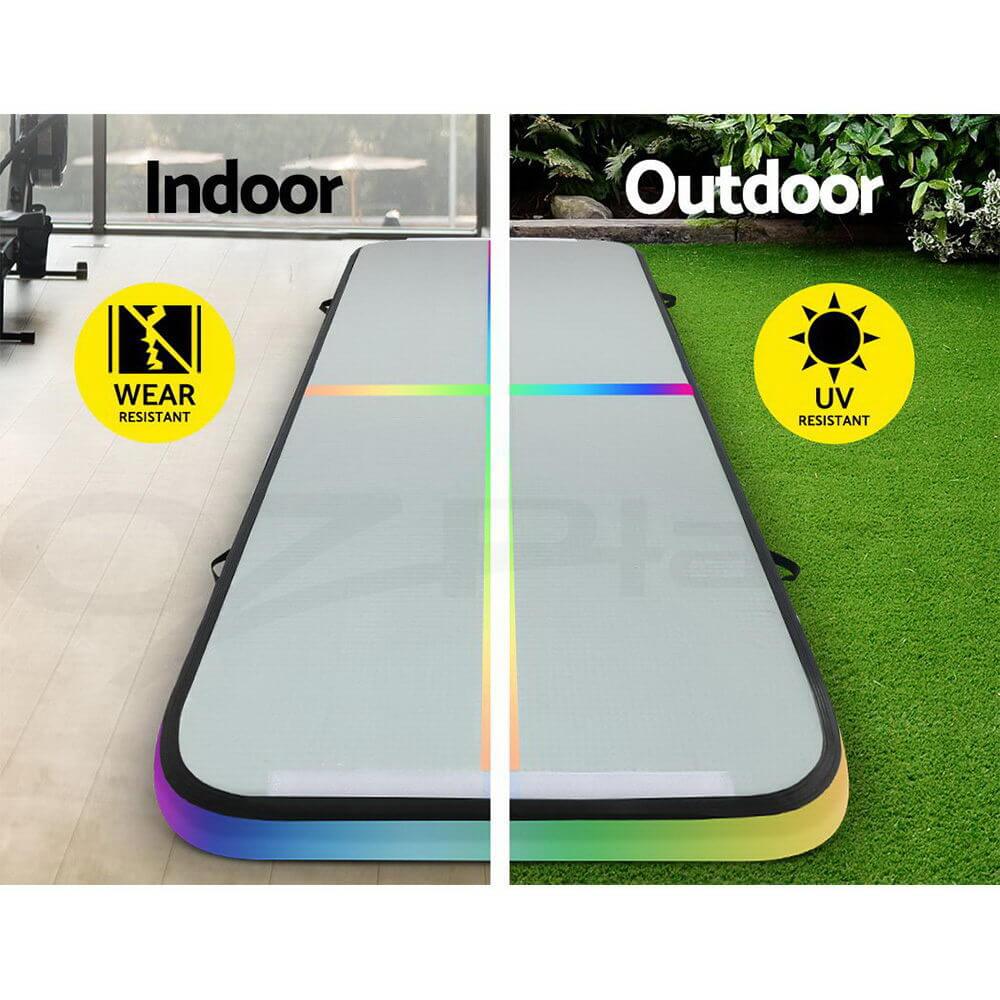 Everfit 3M Air Track Mat shown indoors and outdoors, highlighting wear and UV resistance features. Ideal for versatile exercise use.