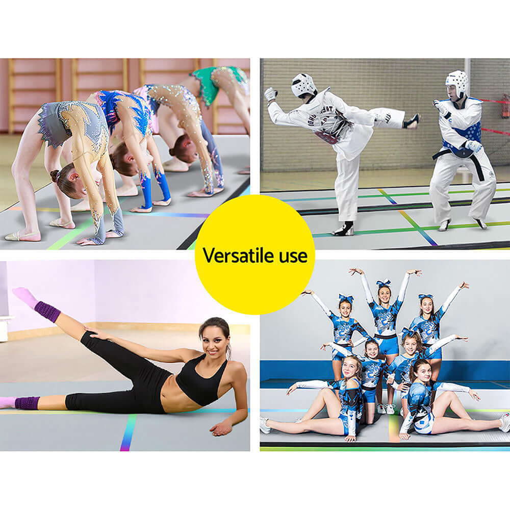 Versatile use of Everfit Air Track Mat for gymnastics, cheerleading, martial arts, and yoga exercises.