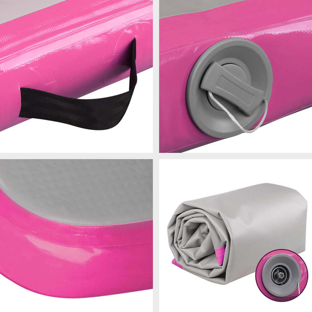 Close-up of Everfit Air Track Mat details showing handle, inflation valve, edge, and rolled-up design in pink and grey.