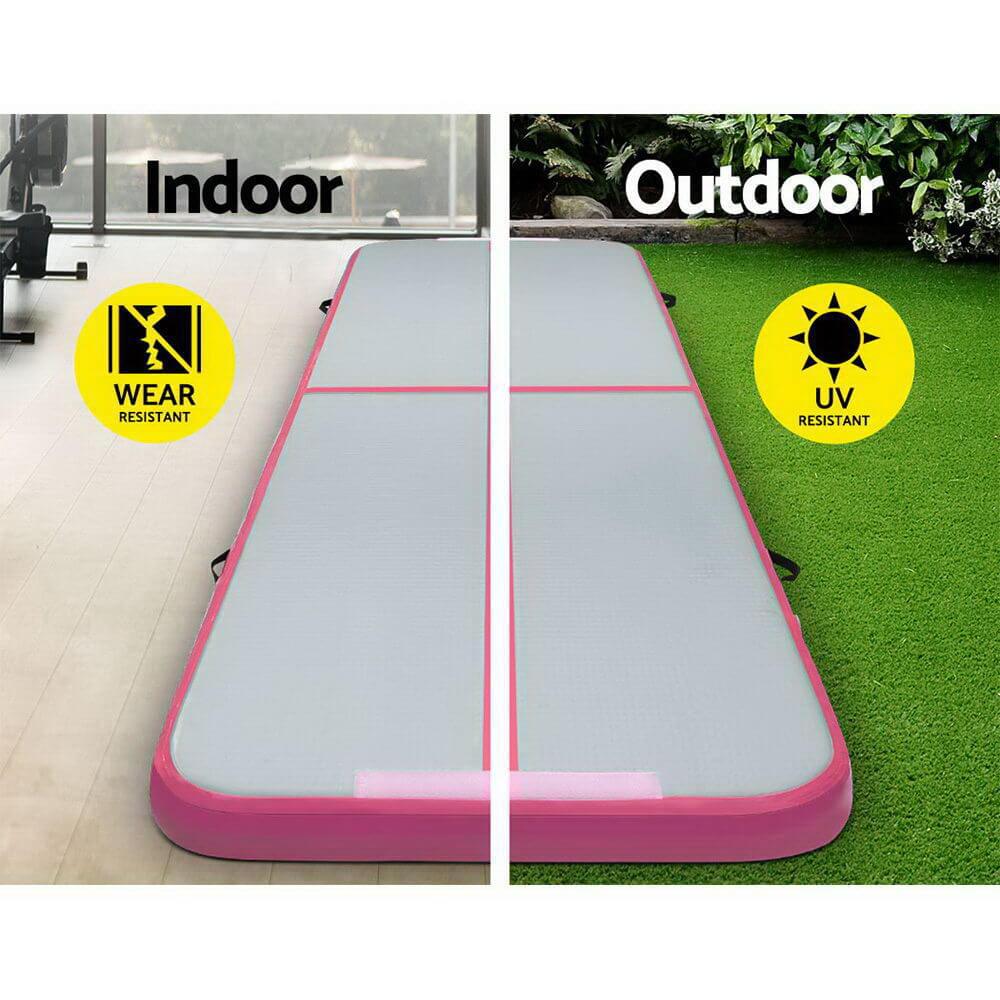 Everfit 3m x 1m Air Track Mat showing indoor and outdoor use, featuring wear and UV resistance, ideal for gymnastics and exercises.