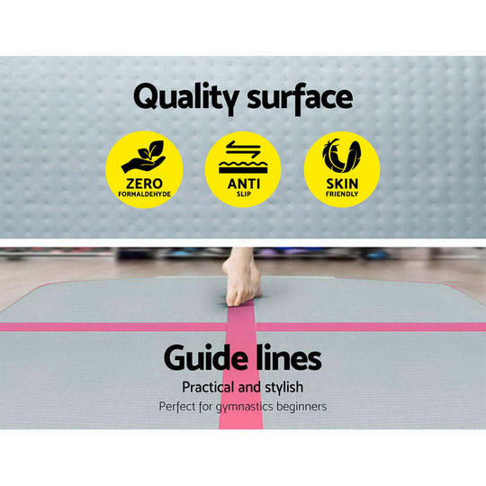 Quality surface features of Everfit Air Track Mat: zero formaldehyde, anti-slip, skin-friendly, with practical guide lines.