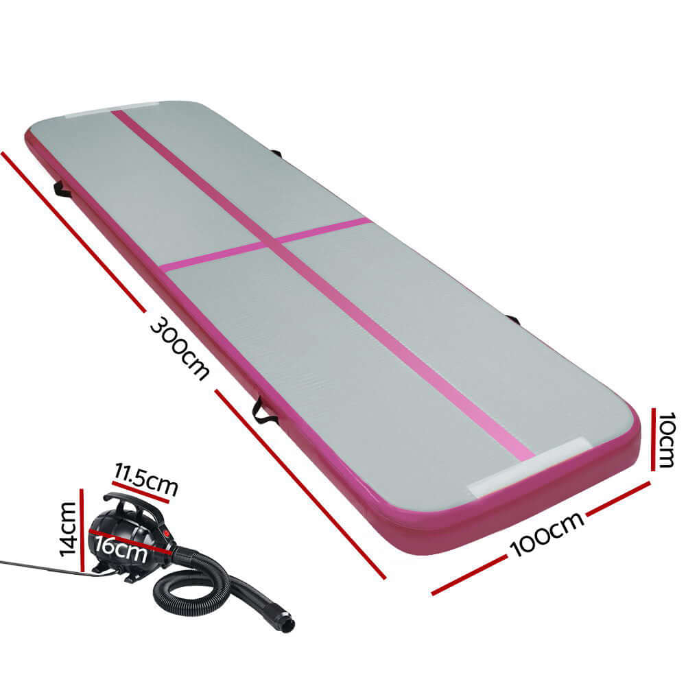 Everfit GoFun 3M inflatable air track mat with pump, perfect for gymnastics and home workouts, features pink accents.