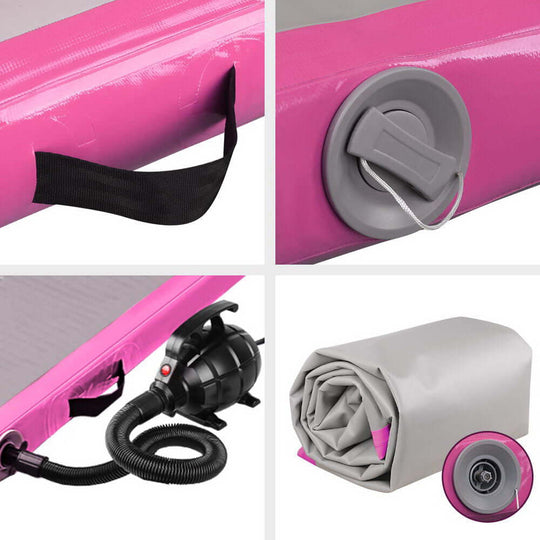 Close-up of Everfit GoFun Inflatable Air Track Mat features, including pump, valve, and compact roll for easy storage.