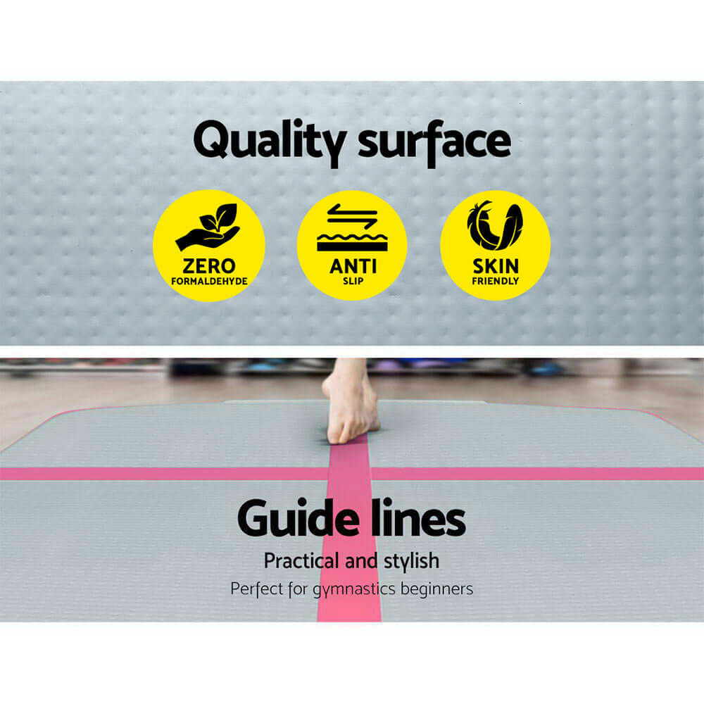 Quality inflatable air track mat features with zero formaldehyde, anti-slip, and skin-friendly surface for beginners.