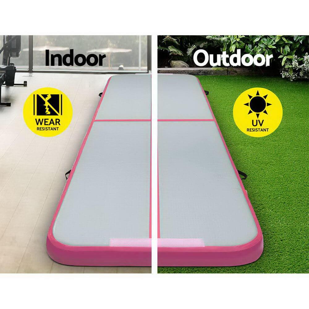 Everfit GoFun Air Track Mat showcasing indoor and outdoor use with wear and UV resistance features in pink.