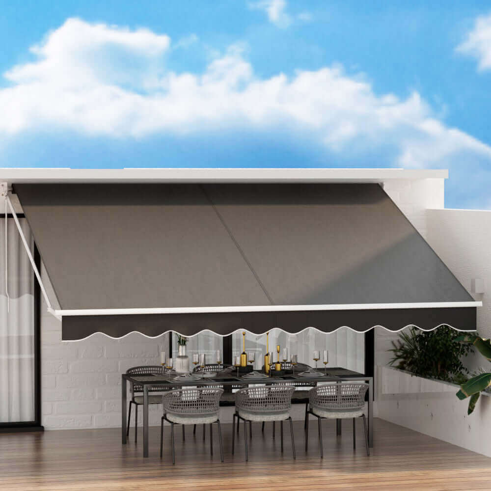 Affordable DIY luxury patio awning over a dining table, providing quality shade in a stylish outdoor setting.