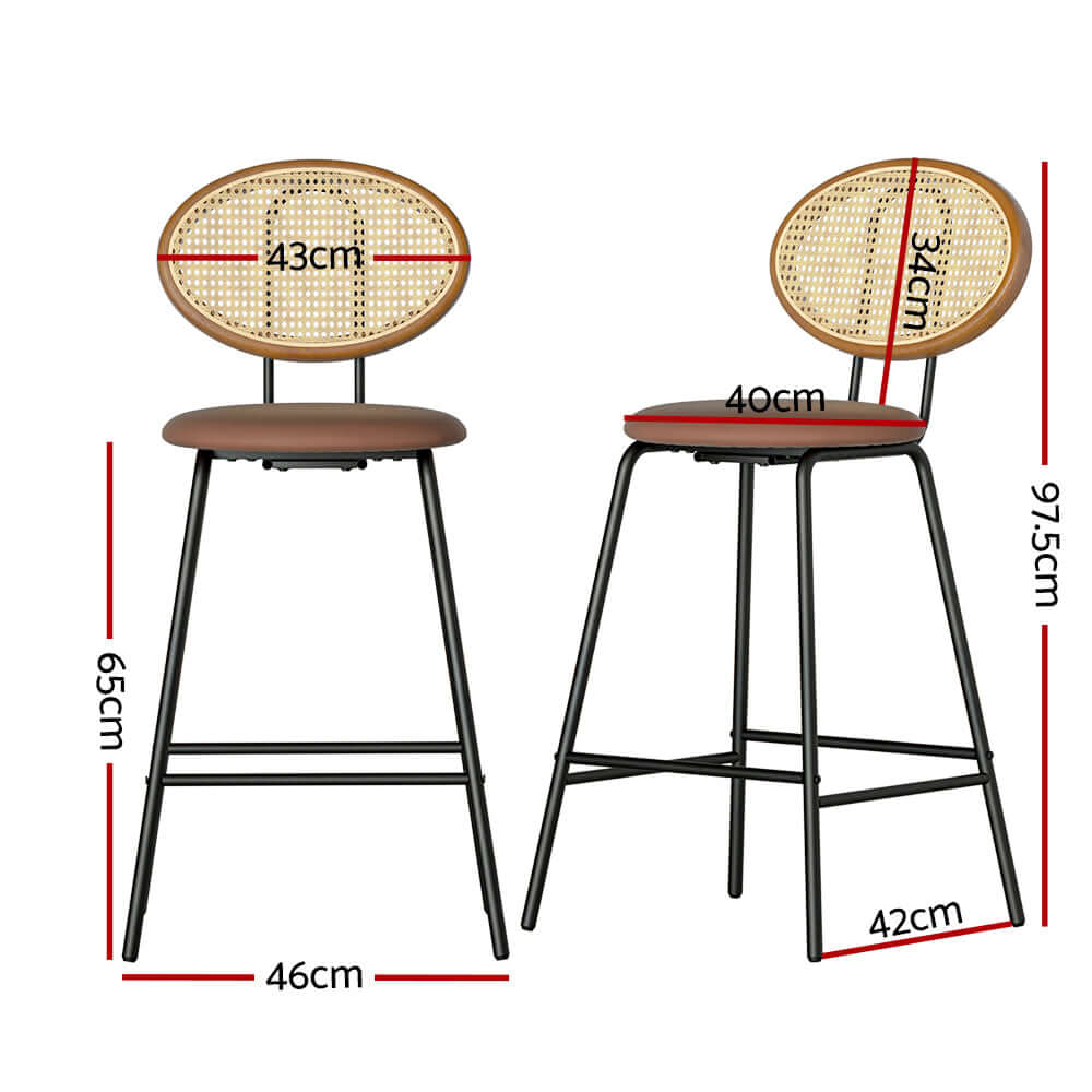 Artiss brown PU leather bar stools with rattan backrest and dimensions 65cm height, 46cm width, ideal for affordable luxury.