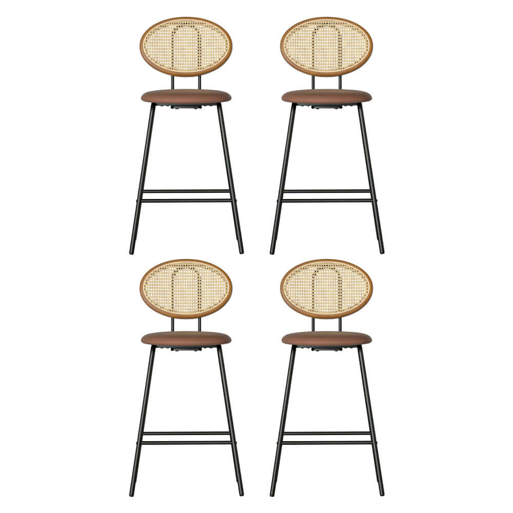 Set of 4 Artiss bar stools in brown PU leather with rattan backrests, stylish and affordable home furniture.