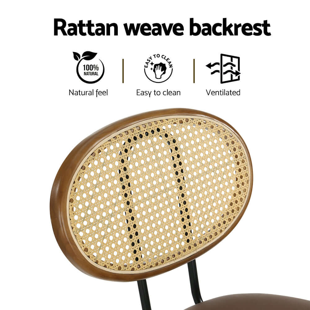 Close-up of Artiss bar stool rattan weave backrest, showcasing natural feel, ventilated design, and easy-to-clean features.