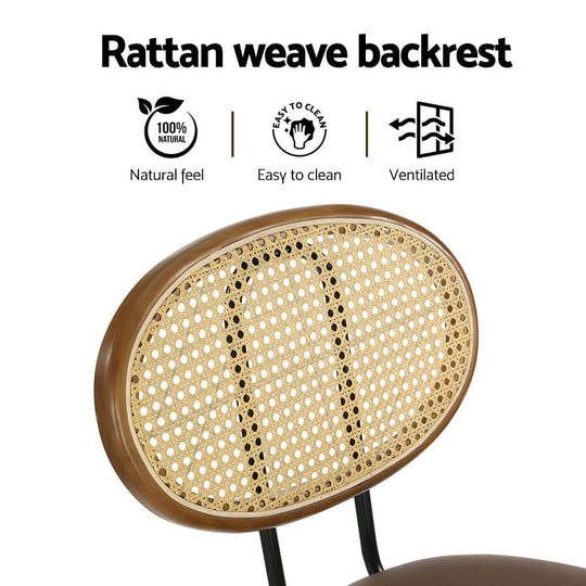 Close-up of Artiss bar stool rattan weave backrest, showcasing natural feel, ventilated design, and easy-to-clean features.