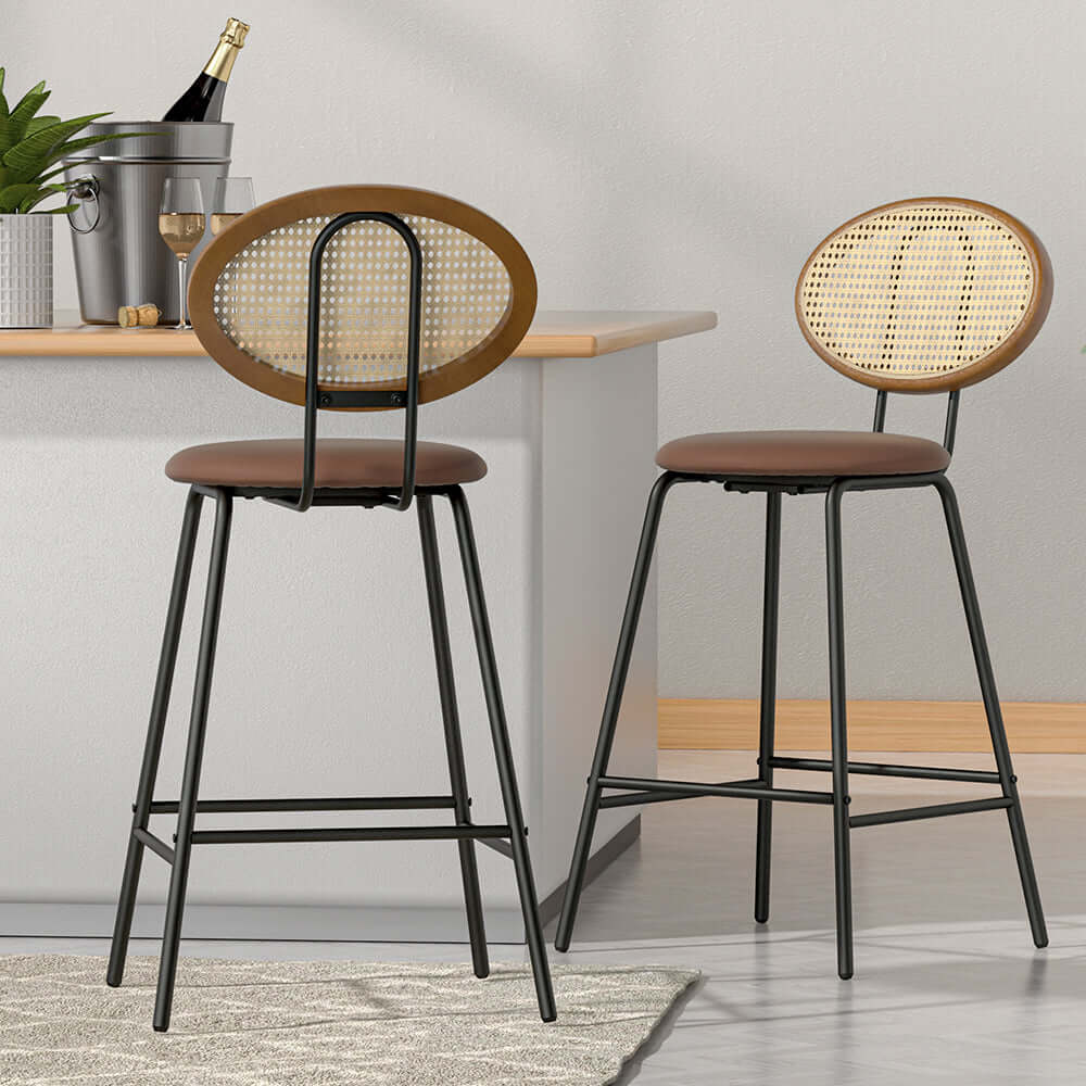 Artiss 4x brown PU leather bar stools with rattan backrest, perfect for affordable and quality home decor.