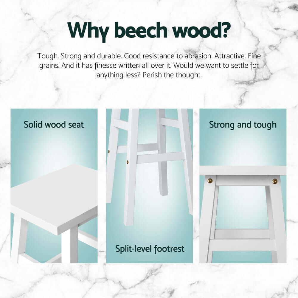 Beech wood bar stool features: solid wood seat, split-level footrest, strong and durable for quality home décor.