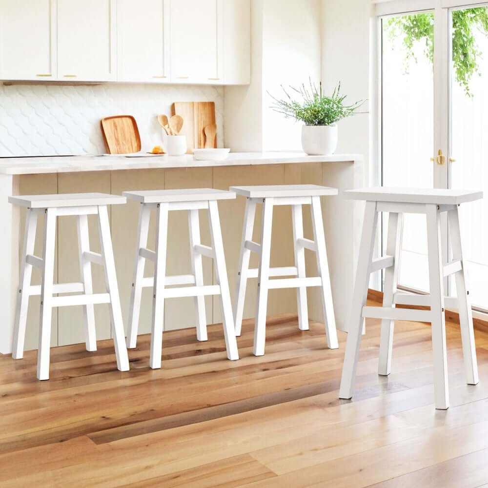 Artiss 4x white wooden bar stools in a bright kitchen, perfect for affordable and quality home décor.