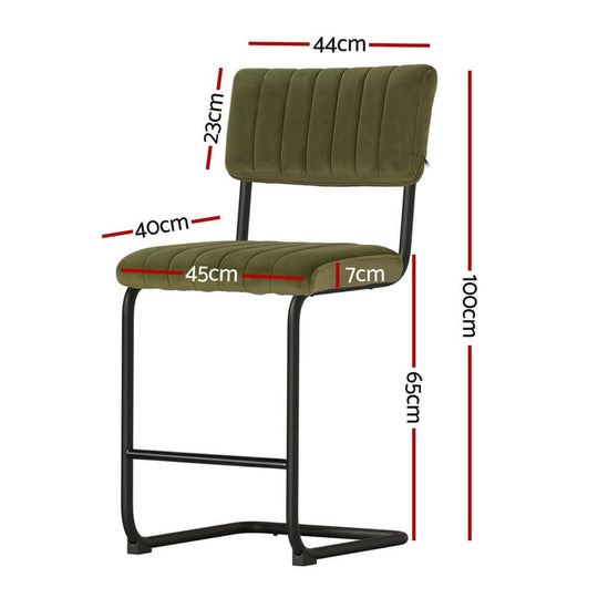 Artiss green velvet bar stool with dimensions, sturdy steel frame, and plush upholstery for luxury seating.