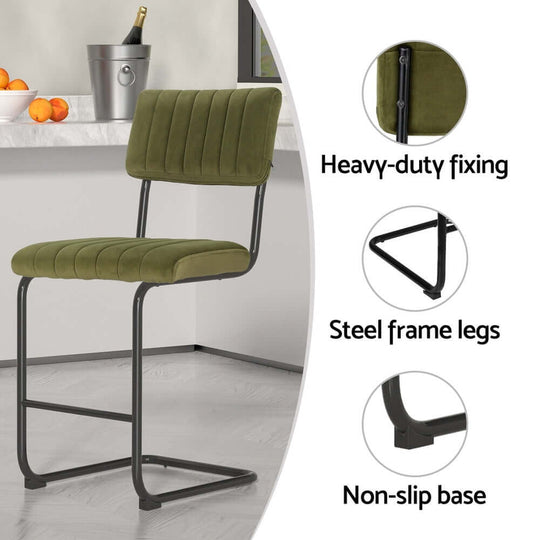 Artiss 4x velvet bar stools in green with steel frame, heavy-duty fixing and non-slip base for home bar elegance.