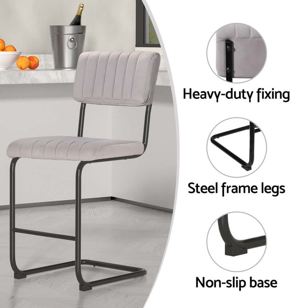 Artiss grey velvet bar stool featuring heavy-duty steel frame, non-slip base, and plush seating for stylish comfort.