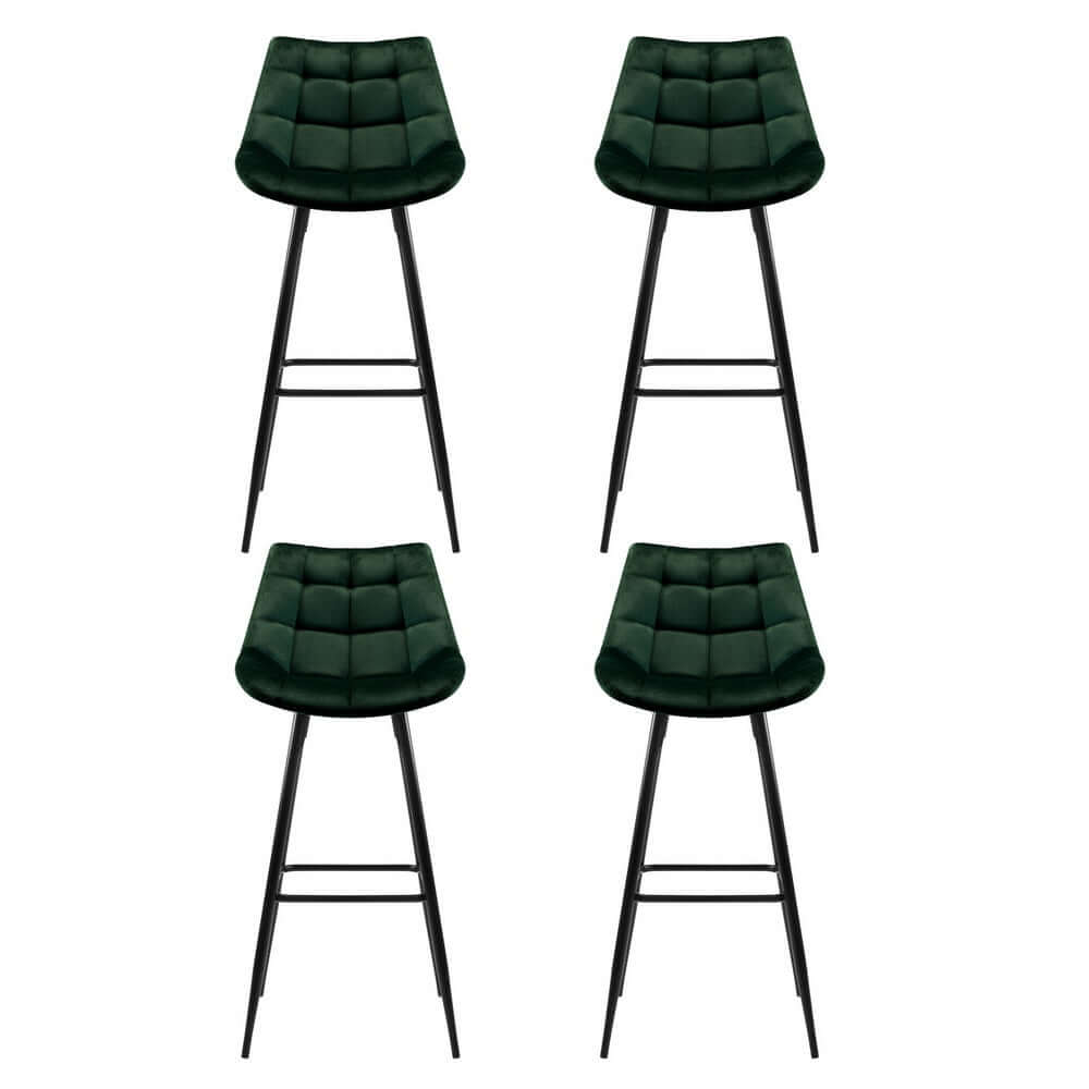 Set of 4 Artiss green velvet bar stools with tufted seats and black metal frames, affordable luxury seating.