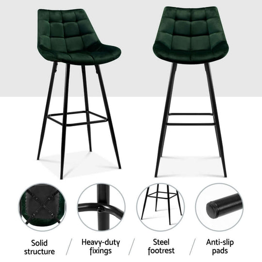 Artiss green velvet bar stools showcasing solid structure, heavy-duty fixings, steel footrest, and anti-slip pads.