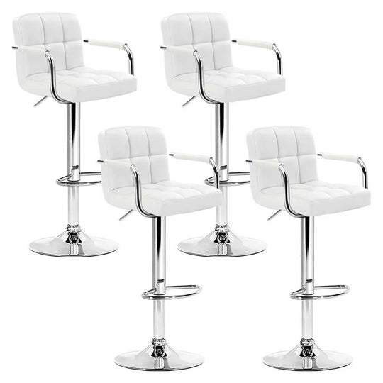 Affordable white leather bar stools with gas lift and armrests, perfect for modern kitchens and dining spaces.