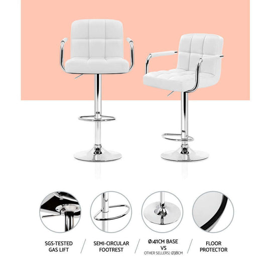 Affordable Artiss white leather bar stools with gas lift and armrest, featuring chrome footrest and floor protector.