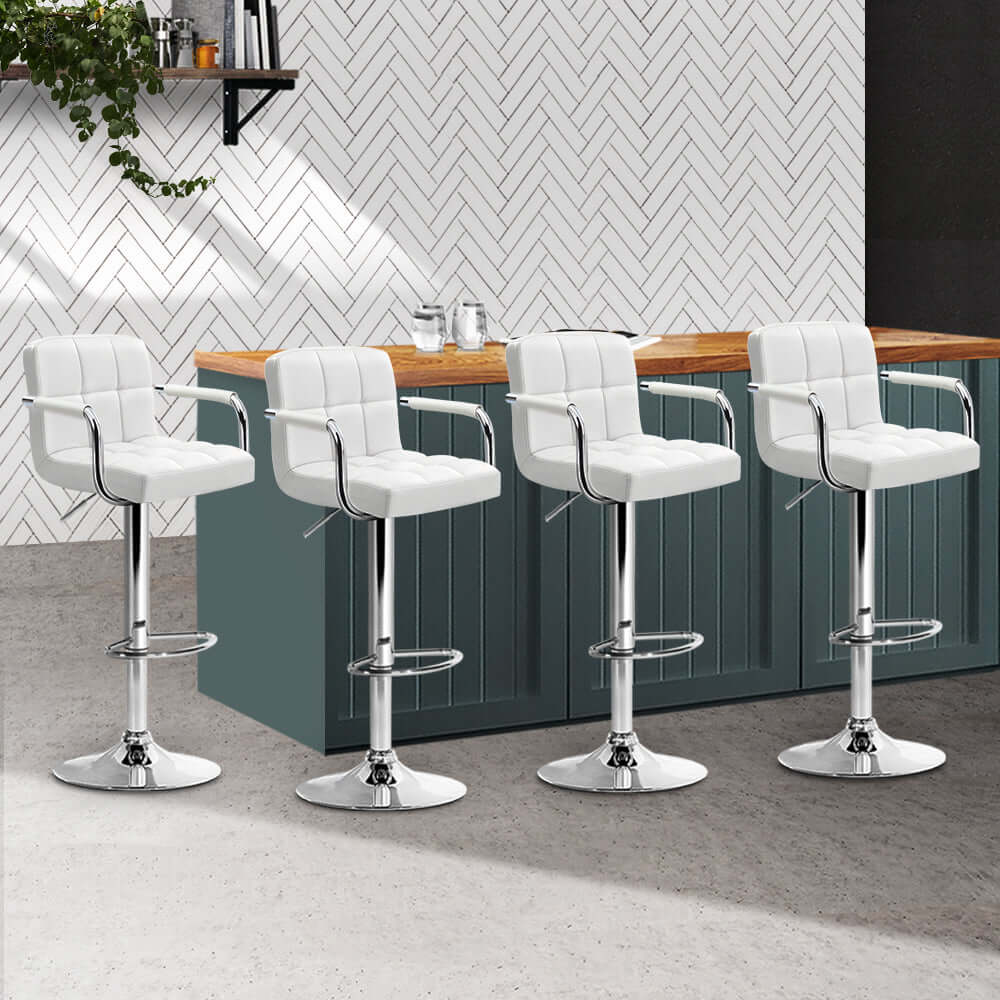 Modern Artiss 4x white leather bar stools with armrests, perfect for affordable kitchen and dining settings.