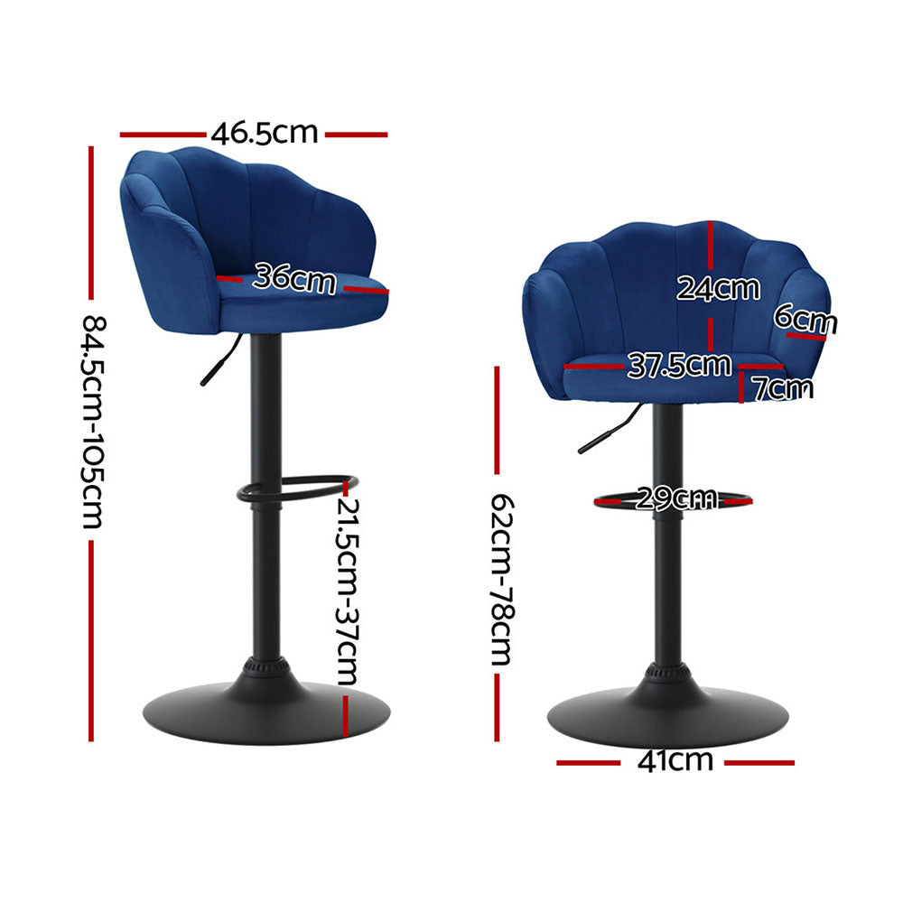 Artiss 4x velvet blue bar stools with gas lift, clam shell design, showing dimensions and adjustable height features.