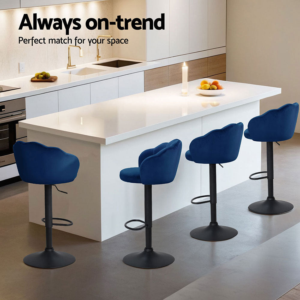 Artiss velvet blue bar stools in a modern kitchen setting, showcasing elegance and stylish design.