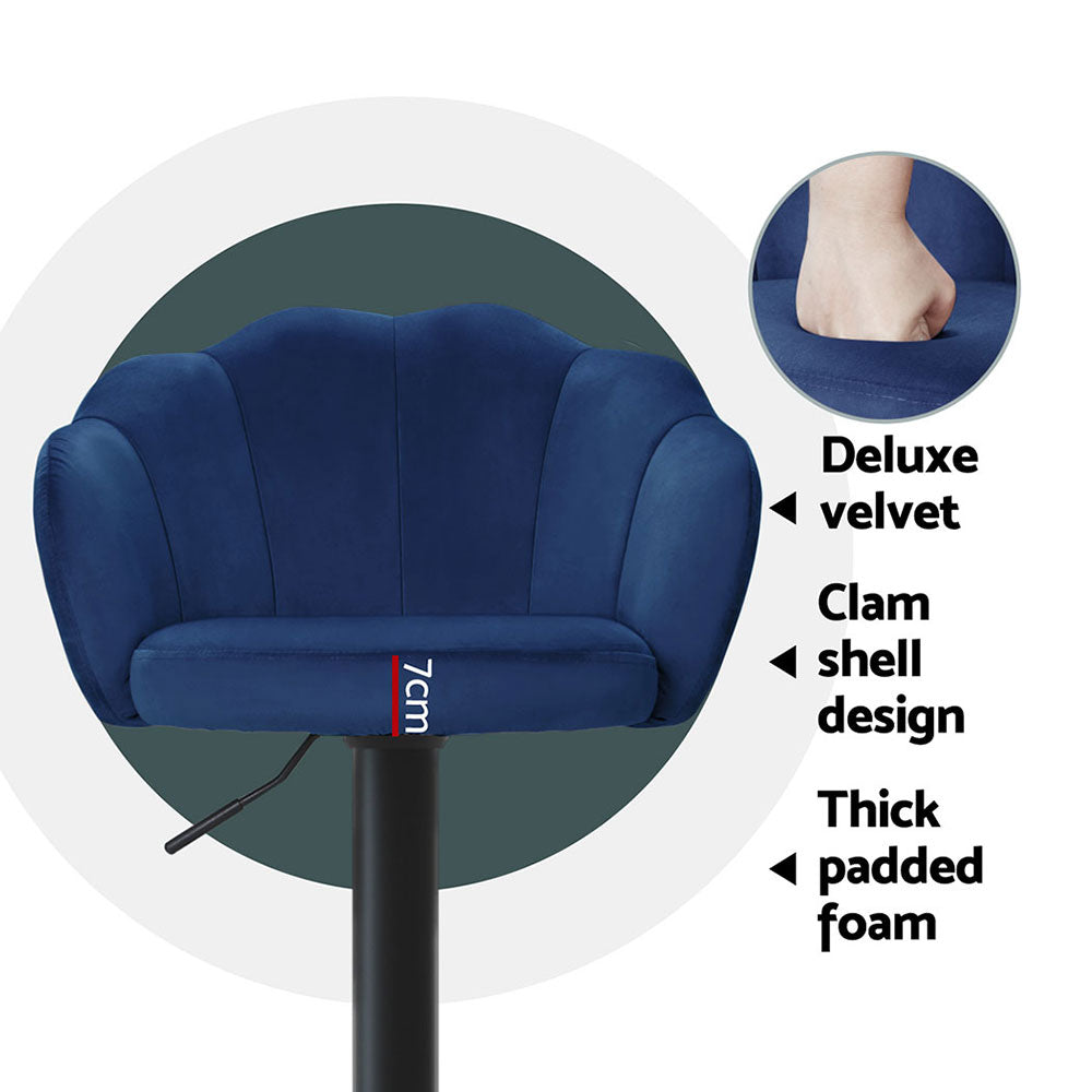 Artiss blue velvet bar stool featuring clam shell design, thick padded foam for comfort and gas lift for adjustable height.