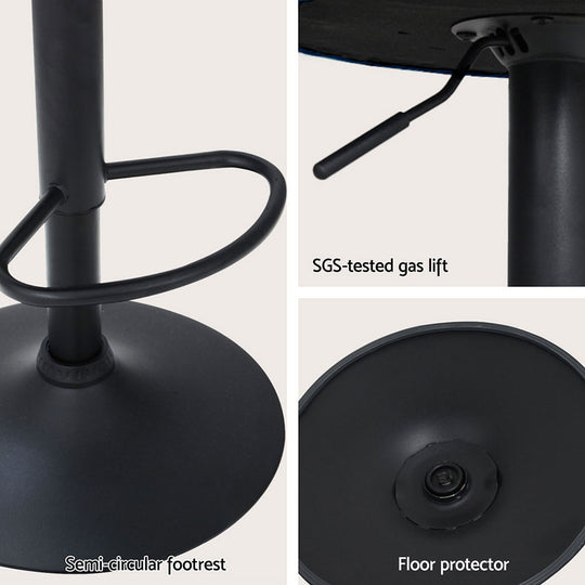 Close-up of Artiss bar stool features: SGS gas lift, semi-circular footrest, and floor protector for quality and comfort.