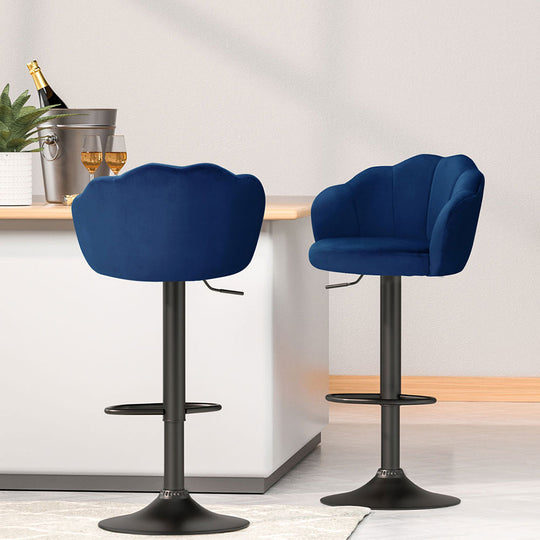 Elegant Artiss blue velvet gas lift bar stools with clam shell design, perfect for stylish and affordable home decor.