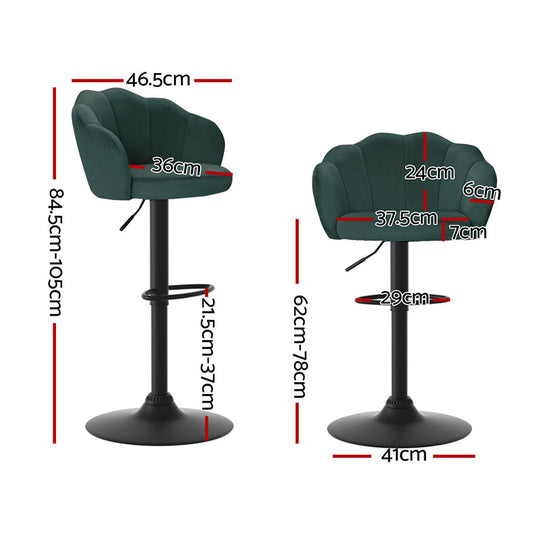 Artiss 4x bar stools dimensions diagram showing velvet green design and gas lift feature for quality seating.