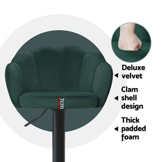 Artiss green velvet bar stool with clam shell design, thick padded foam, and gas lift for luxurious comfort.