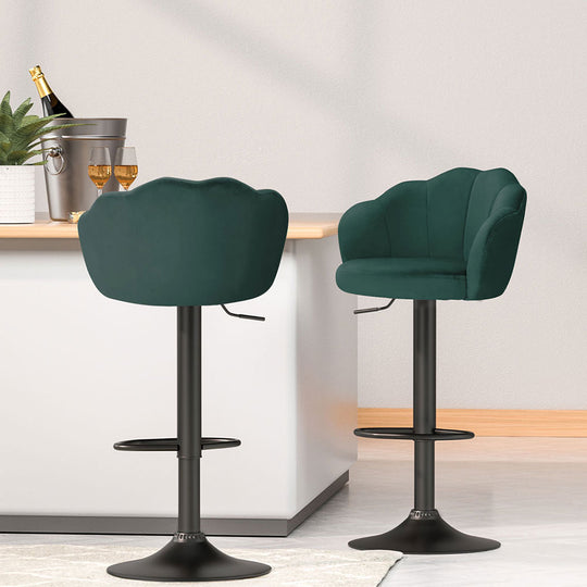 Artiss green velvet bar stools with gas lift, clam shell design, perfect for affordable luxury in any space.