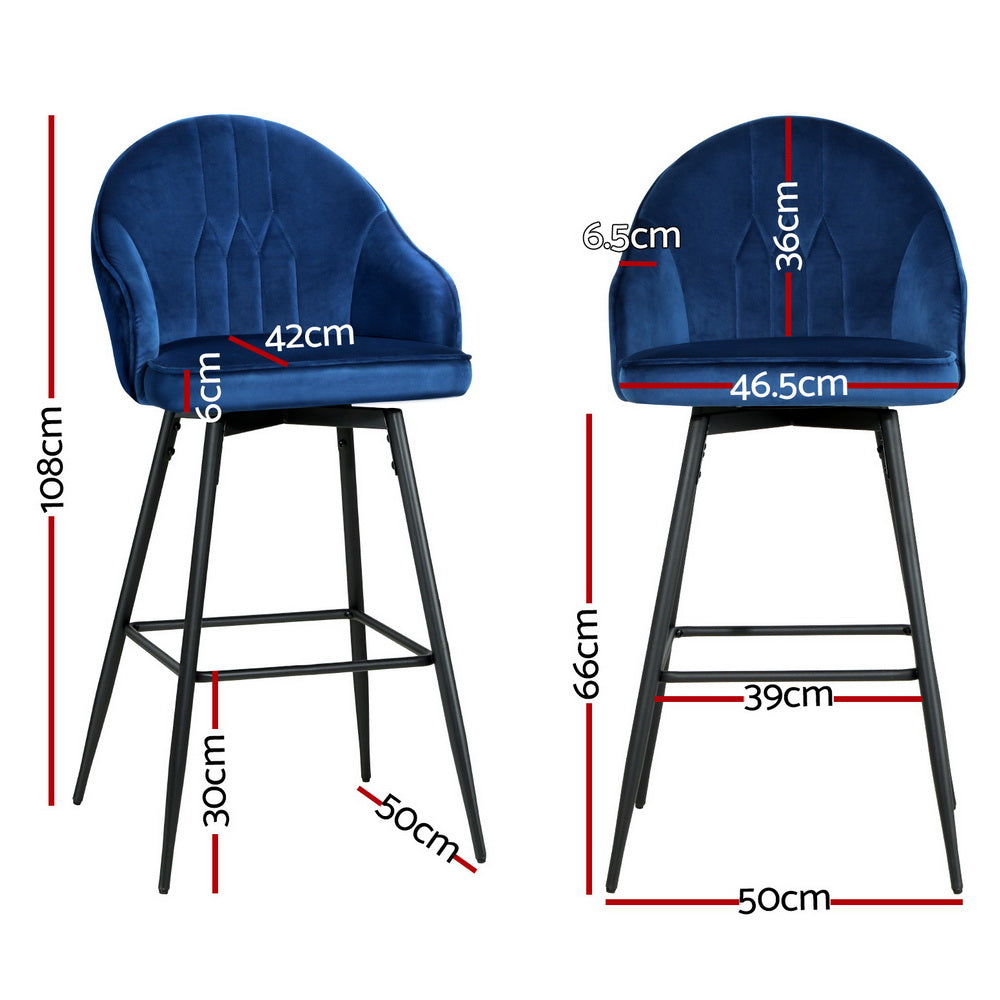 Artiss velvet bar stools with metal legs in blue showcasing detailed measurements and elegant design.