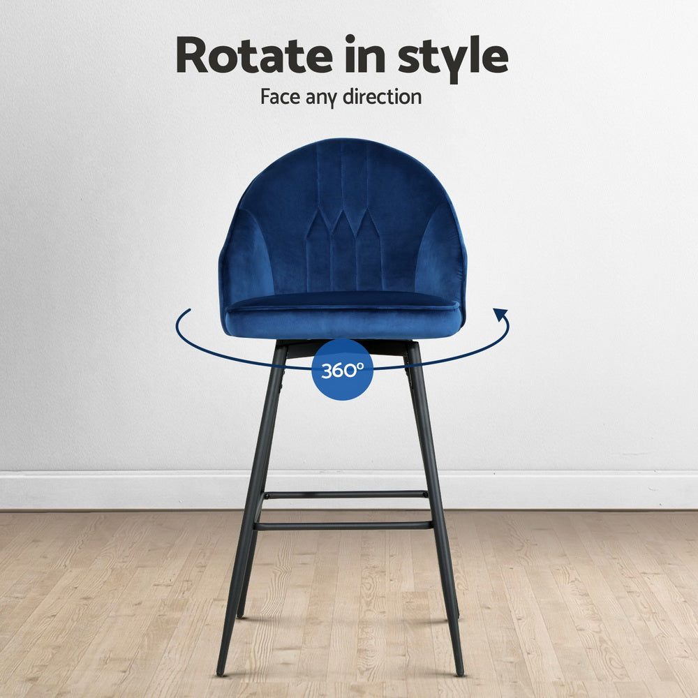 Artiss velvet swivel bar stool in blue with 360-degree rotation, stylish design, and metal legs on wooden floor.