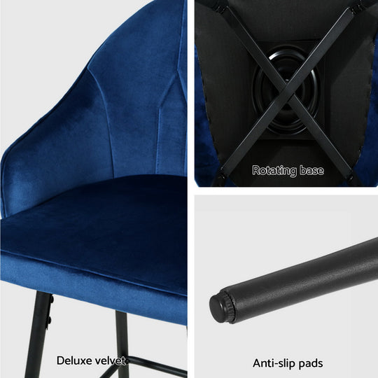 Artiss bar stool features deluxe blue velvet upholstery, rotating base, and anti-slip pads for stability and comfort.